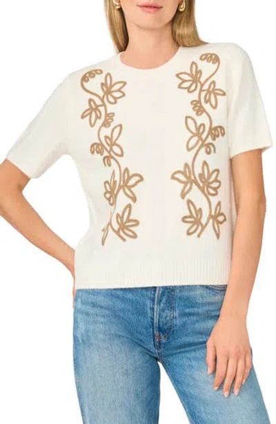 Parker Embroidered Short Sleeve Crewneck Sweater In Antique White
