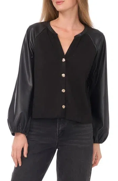 Parker Faux Leather Sleeve Button Front Top In Black