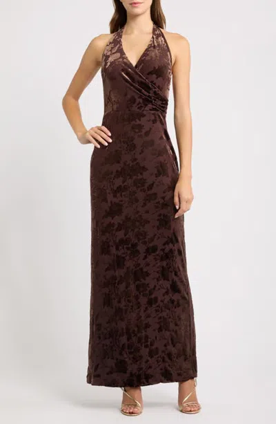 Parker Floral Burnout Halter Neck Maxi Dress In Brown