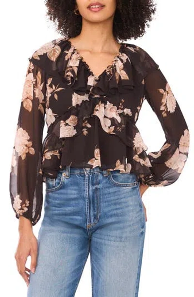 Parker Floral Ruffle Long Sleeve Chiffon Crop Top In Brown