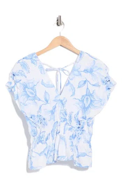Parker Floral Short Sleeve Pleated Peplum Top In White
