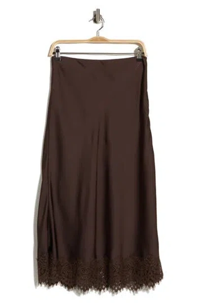 Parker Lace Trimmed Satin Midi Skirt In Brown