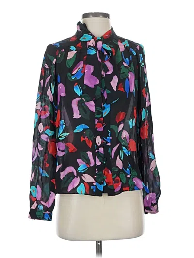 Pre-owned Parker Long Sleeve Silk Top Black Print Pattern Tie Neck Tops