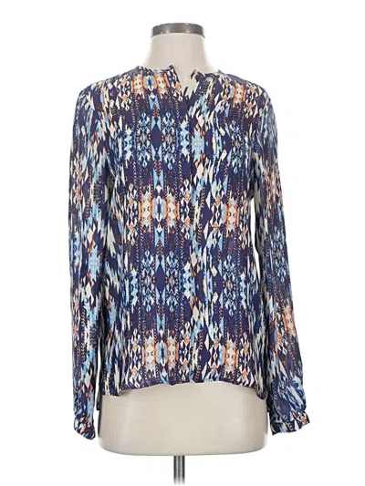 Pre-owned Parker Long Sleeve Silk Top Blue Print Pattern Mock Neckline Tops