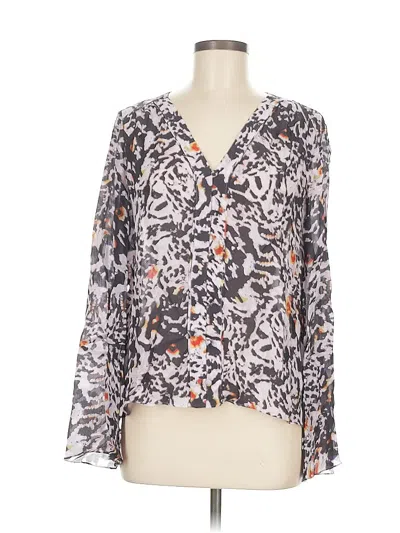 Pre-owned Parker Long Sleeve Silk Top Gray Animal Print Pattern Plunge Neckline Tops