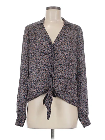 Pre-owned Parker Long Sleeve Silk Top Gray Floral Pattern Tie Neck Tops