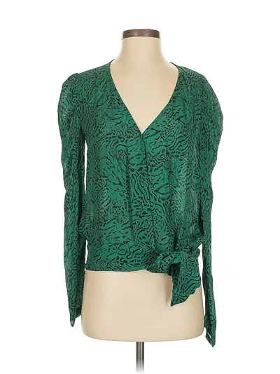 Pre-owned Parker Long Sleeve Silk Top Green Plunge Neckline Tops
