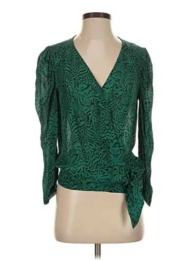 Pre-owned Parker Long Sleeve Silk Top Green Plunge Neckline Tops