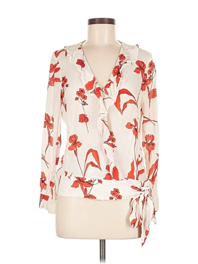 Pre-owned Parker Long Sleeve Silk Top Ivory Plunge Neckline Tops In White