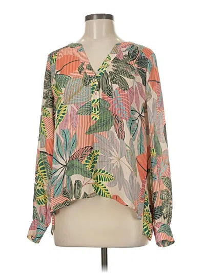 Pre-owned Parker Long Sleeve Silk Top Orange Tropical Pattern Plunge Neckline Tops