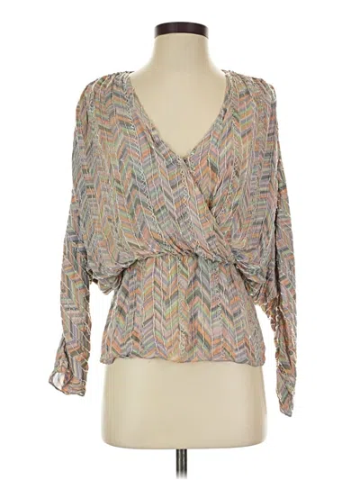 Pre-owned Parker Long Sleeve Silk Top Tan Plunge Neckline Tops In Brown