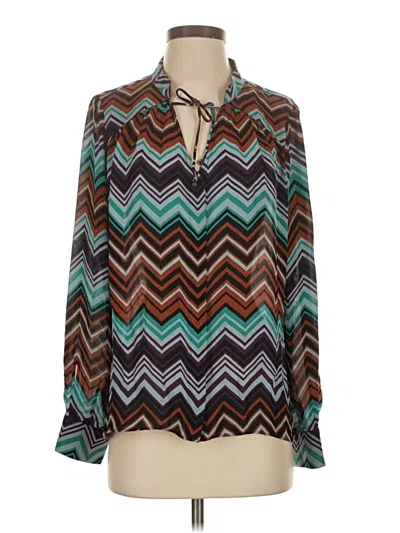 Pre-owned Parker Long Sleeve Silk Top Teal Chevron/herringbone Pattern Keyhole Neckline Tops