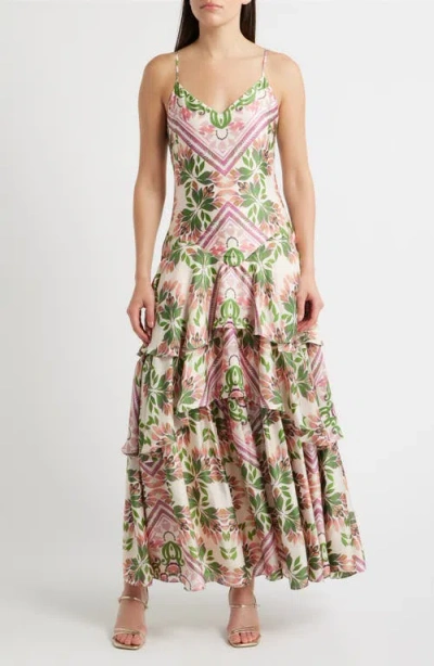 Parker Print Tiered Sleeveless Maxi Dress In White