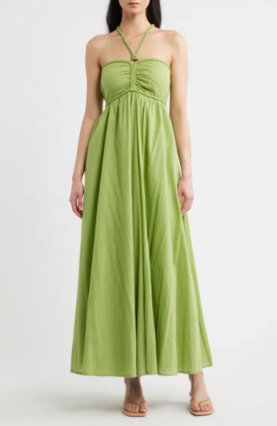 Parker Ruched Halter Neck Cotton Maxi Sundress In Green