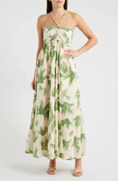 Parker Ruched Halter Neck Cotton Maxi Sundress In Multi