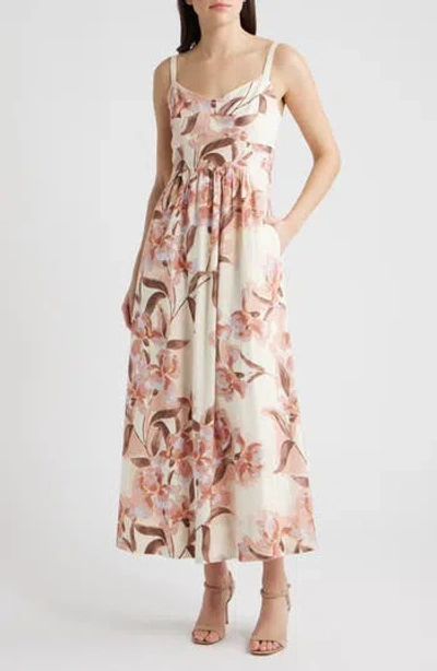 Parker Seamed Linen Blend Midi Sundress In Sepia Rose