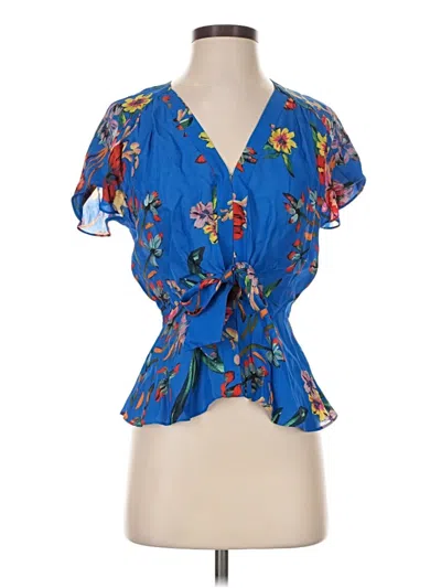 Parker Short Sleeve Silk Top Blue Plunge Neckline Tops