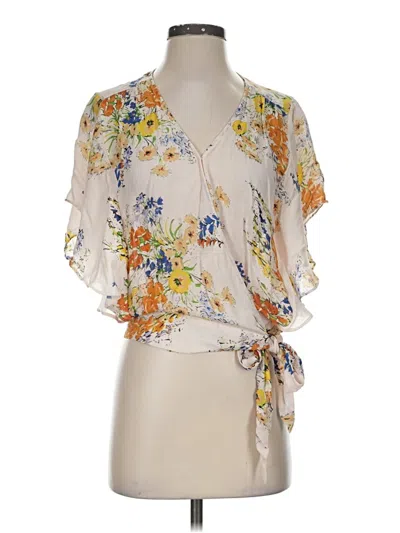 Pre-owned Parker Short Sleeve Silk Top Ivory Floral Pattern Plunge Neckline Tops