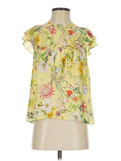 Pre-owned Parker Short Sleeve Silk Top Yellow Ruffles Neckline Tops