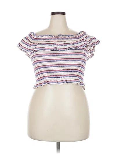 Pre-owned Parker Short Sleeve Top White Stripes Pattern Ruffles Neckline Tops