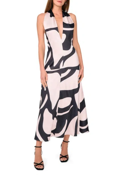Parker The Nia Abstract Print Halter Plunge Neck Dress In Rich Black
