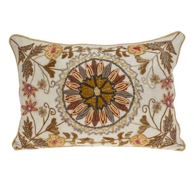 Parkland Collection 14" X 20" Beige Cotton Throw Pillow With Embroidery