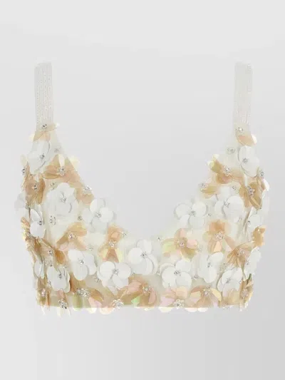 P.a.r.o.s.h 3d Floral-embroidered Cropped V-neck Bralette Top In White