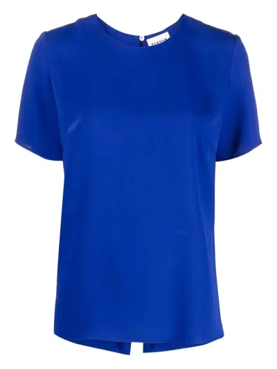 P.a.r.o.s.h Rear Slit Drop Shoulder Keyhole Round Neck Short Sleeve In Blue