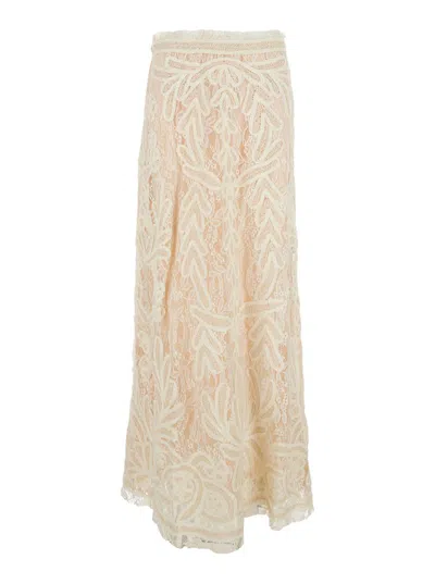 P.a.r.o.s.h Beige Long Skirt With All-over Lace Embroidery In Tech Fabric Woman