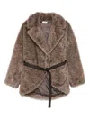 P.a.r.o.s.h . Double-breasted Faux Fur Jacket With Belted Waist And Welt Pockets In Brown