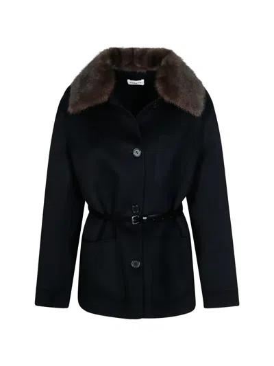 P.a.r.o.s.h Belted Faux-fur Collar Coat In Black