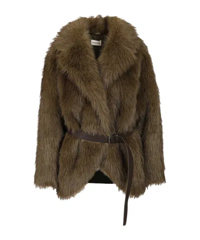 P.a.r.o.s.h . Belted Long Sleeved Faux Fur Jacket In Green