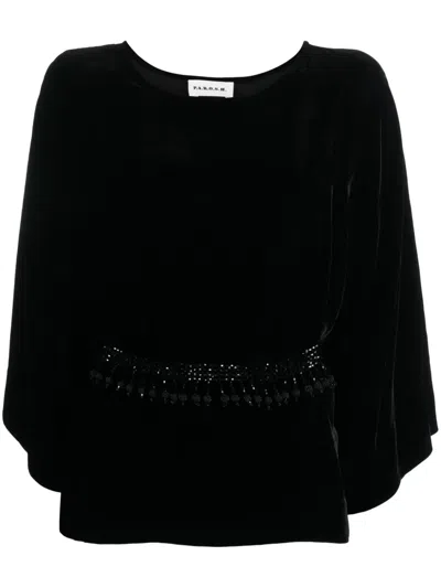 P.a.r.o.s.h Velvet Top With Embellished Waist And Loose Sleeves In Black