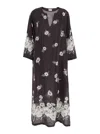 P.a.r.o.s.h Black And White Long Dress With V-neck And All-over Floral Printed Pattern In Silk Woman In Multicolor