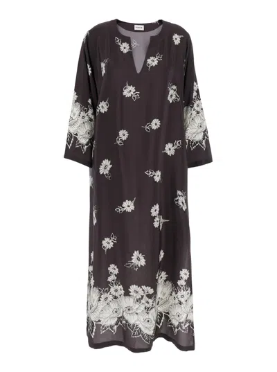 P.A.R.O.S.H BLACK AND WHITE LONG DRESS WITH V-NECK AND ALL-OVER FLORAL PRINTED PATTERN IN SILK WOMAN