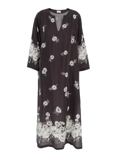 P.a.r.o.s.h Black And White Long Dress With V-neck And All-over Floral Printed Pattern In Silk Woman In Multicolor