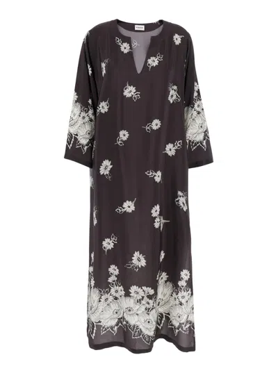 P.A.R.O.S.H BLACK AND WHITE LONG DRESS WITH V-NECK AND ALL-OVER FLORAL PRINTED PATTERN