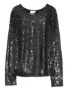 P.a.r.o.s.h Long Sleeve Round Neck Sequin Top In Black