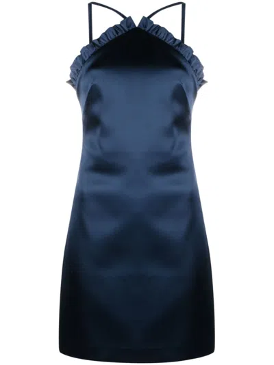 P.A.R.O.S.H BLUE RUFFLED SATIN-FINISH MINIDRESS