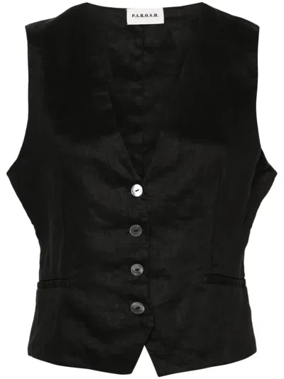 P.a.r.o.s.h Button-up Linen Gilet In Schwarz