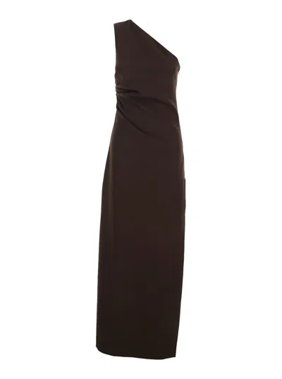 P.a.r.o.s.h Brown One-shoulder Long Dress With Asymmetric Neckline And Concealed Side Zip Closure In Cady Stretc