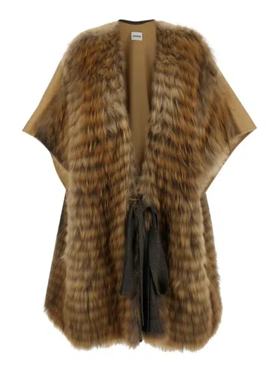 P.A.R.O.S.H BEIGE CAPE WITH FUR ON THE FRONT AND BELT CLOSURE IN WOOL WOMAN
