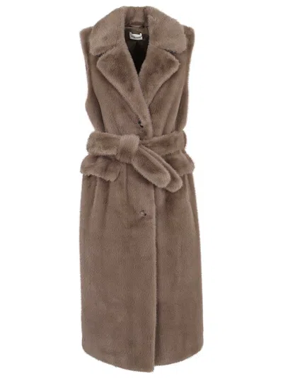 P.a.r.o.s.h Parosh Eco Fur Vest With Pointed Lapels And Belt In Brown