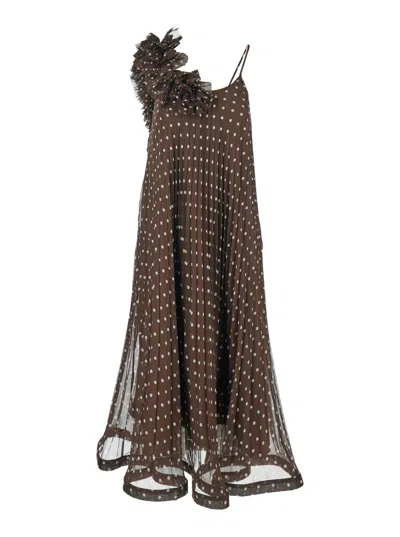 P.a.r.o.s.h Brown Long Dress With Thin Straps And All-over Polka Dot In Fabric Woman