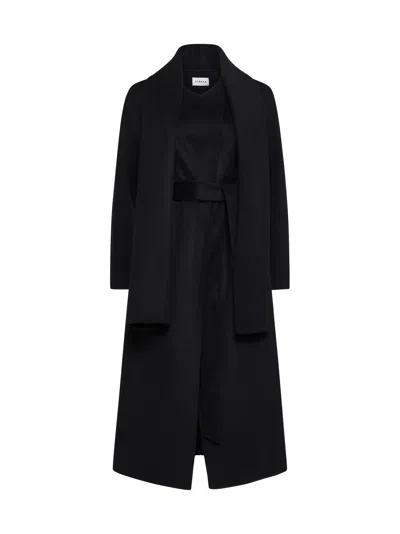 P.a.r.o.s.h Long Double-breasted Black Coat With Tie-up Collar In Heavy Fabric Woman