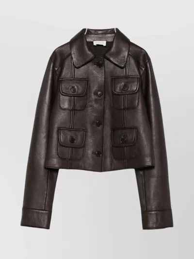 P.a.r.o.s.h Collared Leather Jacket Long Sleeves Flap Pockets In Brown