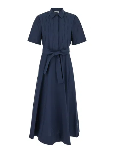 P.a.r.o.s.h Blue Long Dress With Classic Collar And Waist Belt In Cotton Woman