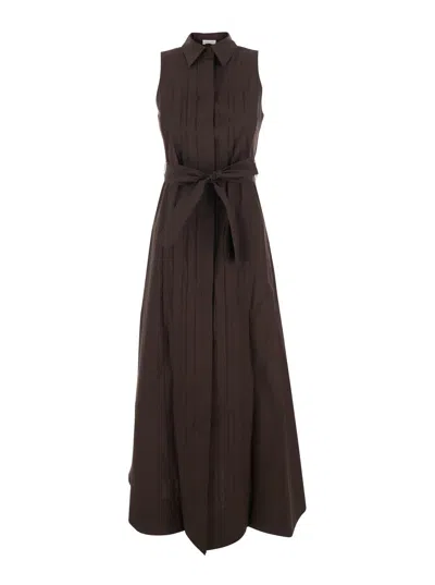 P.a.r.o.s.h Brown Sleeveless Long Dress With Classic Collar And Front Belt In Cotton Woman