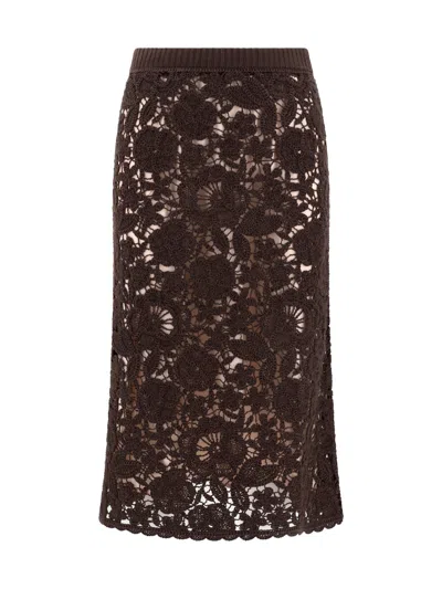 P.a.r.o.s.h . Delicate Lace Midi Skirt With Floral Patterns In Brown