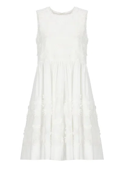 P.a.r.o.s.h Cubo26 Floral Embroidered Cotton Dress With Flared Hem In White